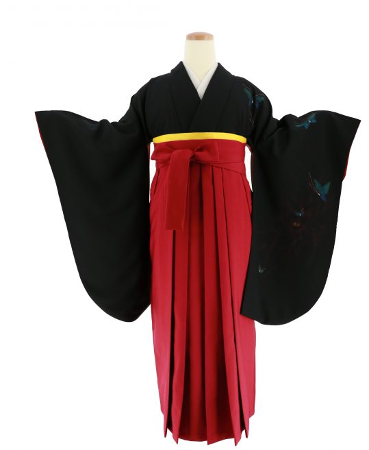卒業式袴レンタルNo.606[クール]黒・薄く赤い花・青緑の蝶